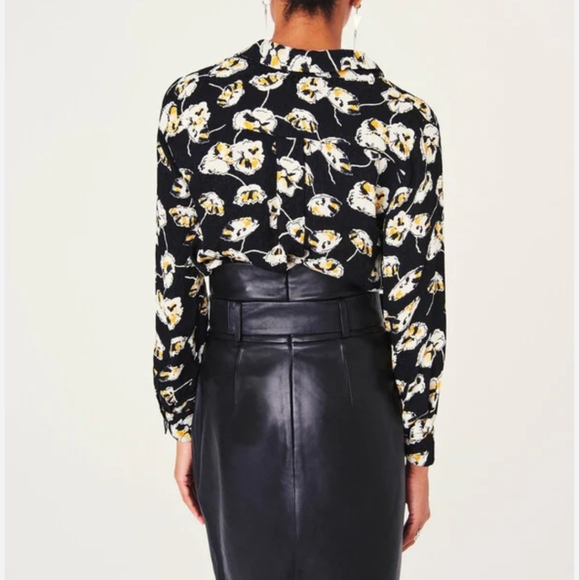 Ba&Sh Una Plisse Pleated Floral Button Up Black w Cream Yellow Flowers XS - Picture 13 of 16